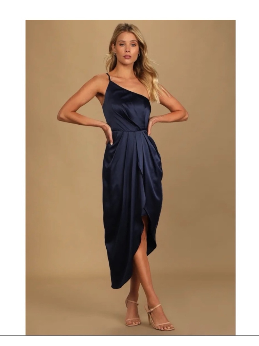 Lulu’s Laws of Attraction Navy Satin Midi One-Shoulder Dress